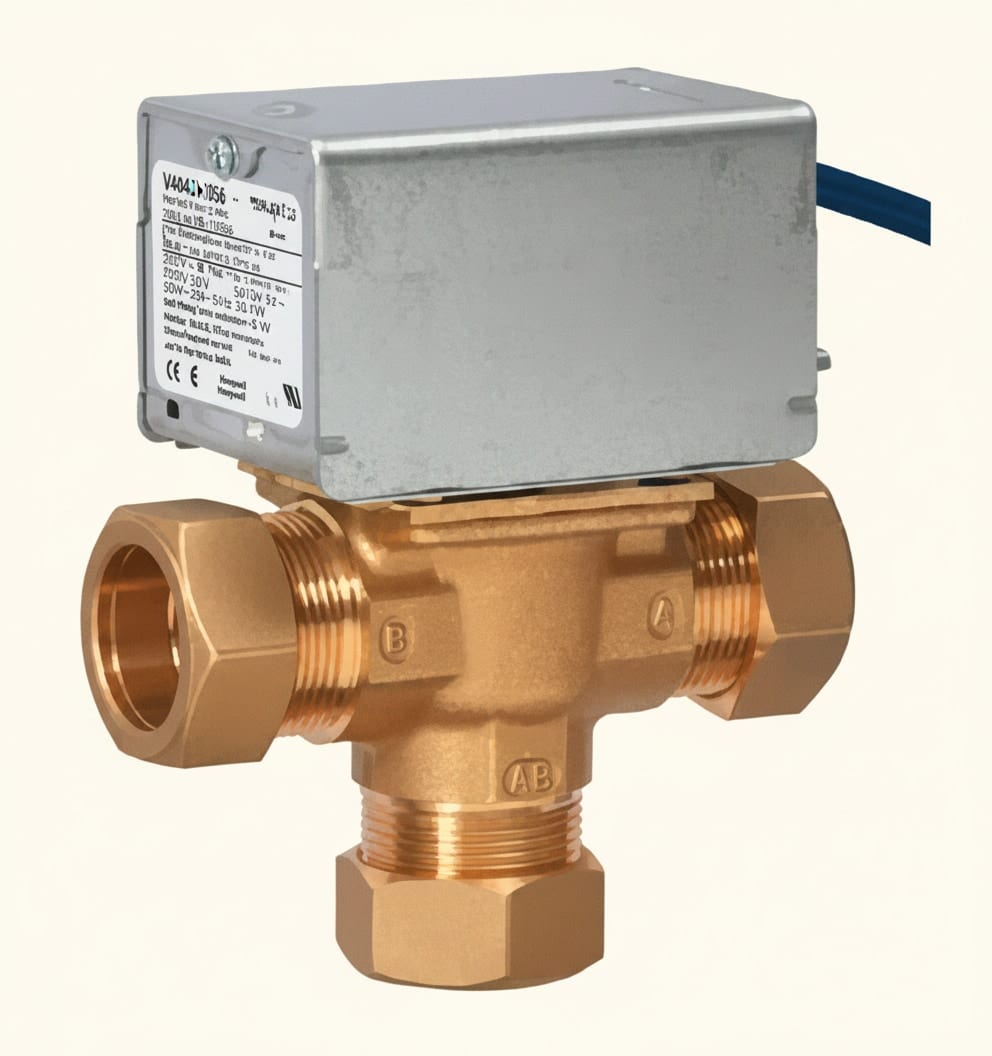 Three-port mid-position motorised valve used in Y-plan central heating systems