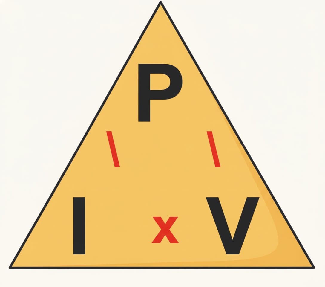 Power Law formula triangle with P at the top and I multiplied by V at the bottom, used to rearrange P = I × V