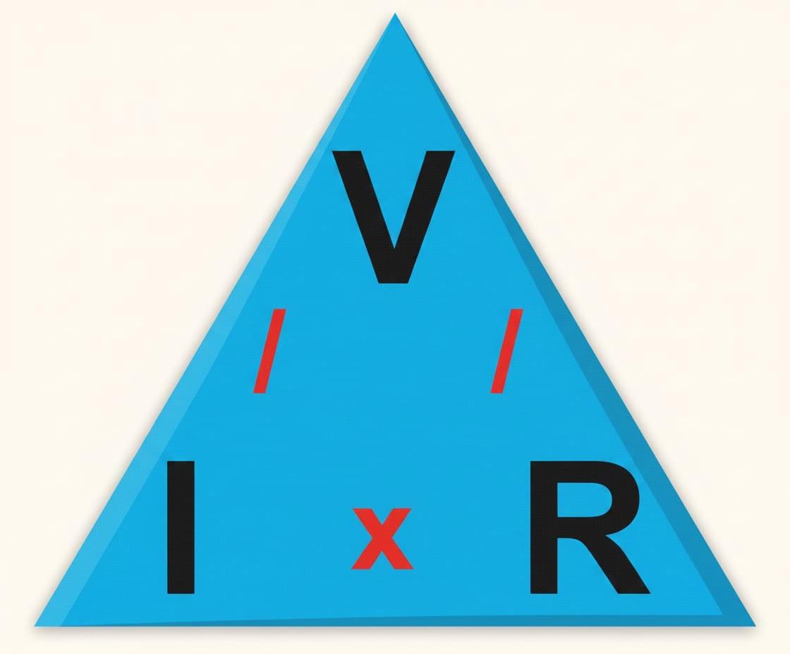 Ohm's Law formula triangle with V at the top and I multiplied by R at the bottom, used to rearrange V = I × R