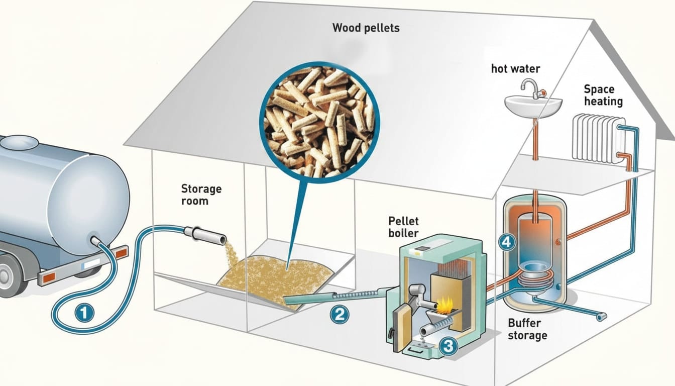 Biomass boiler installation showing fuel hopper, boiler unit and accumulator buffer cylinder