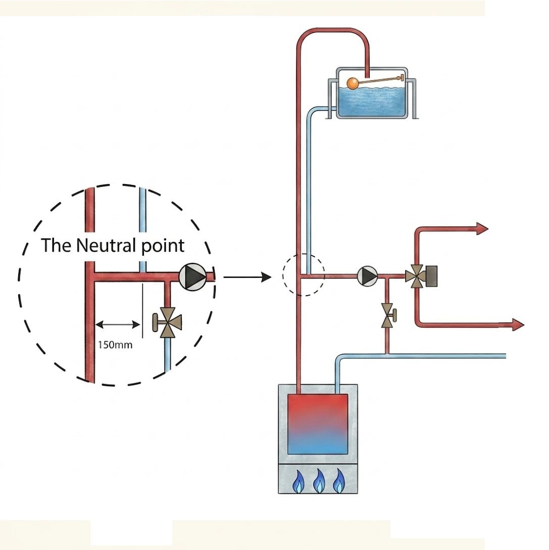 Open-vented heating layout with the neutral point magnified to show the 150mm maximum distance between the cold feed and open vent connections