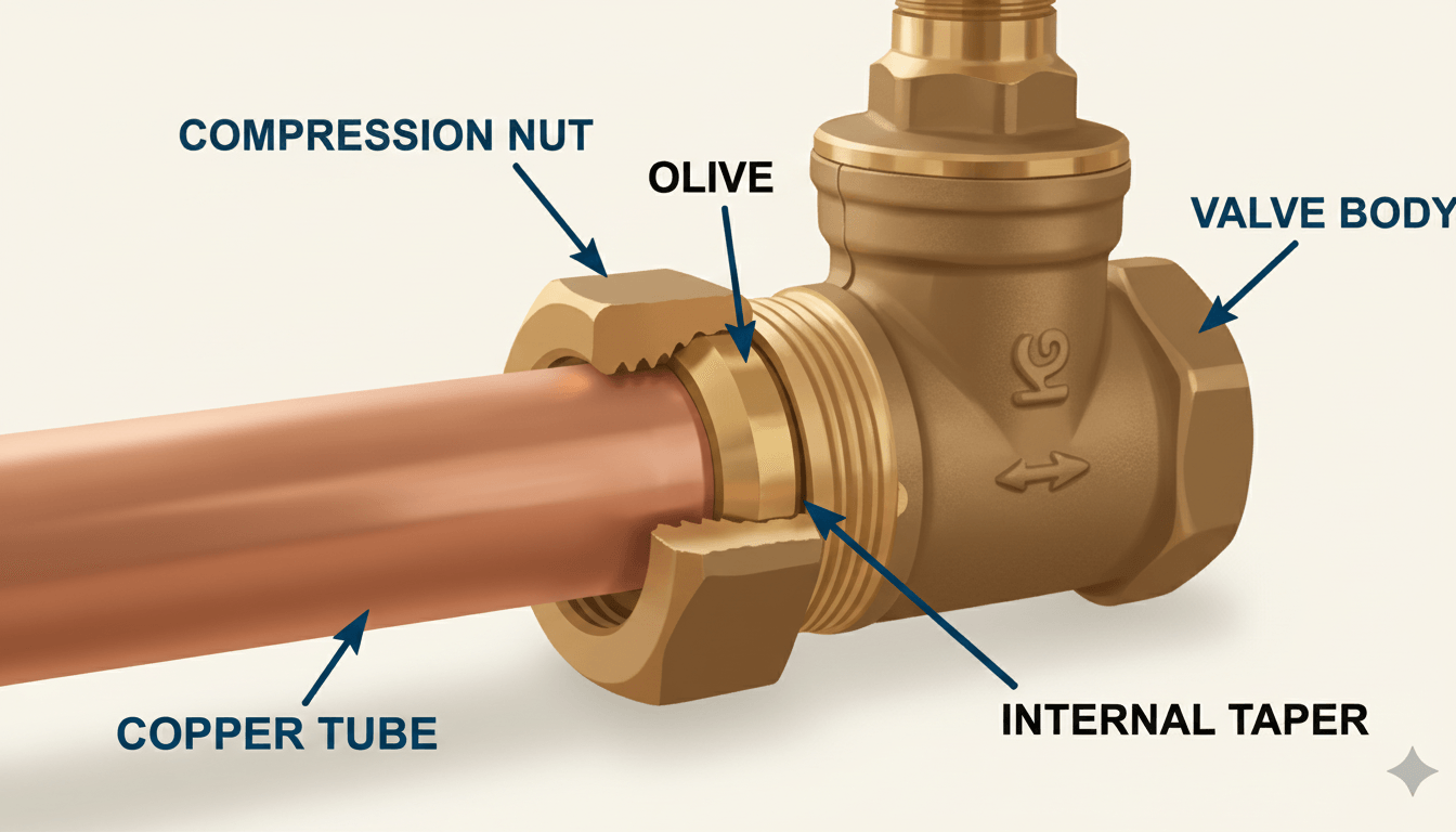 Cutaway view of a non-manipulative (Type A) compression fitting showing the nut, olive, fitting body and pipe