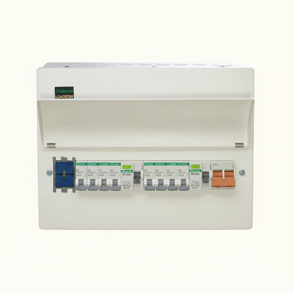 A domestic consumer unit with a main switch, RCDs and a row of MCBs — the board isolated at the main switch when working inside the unit itself