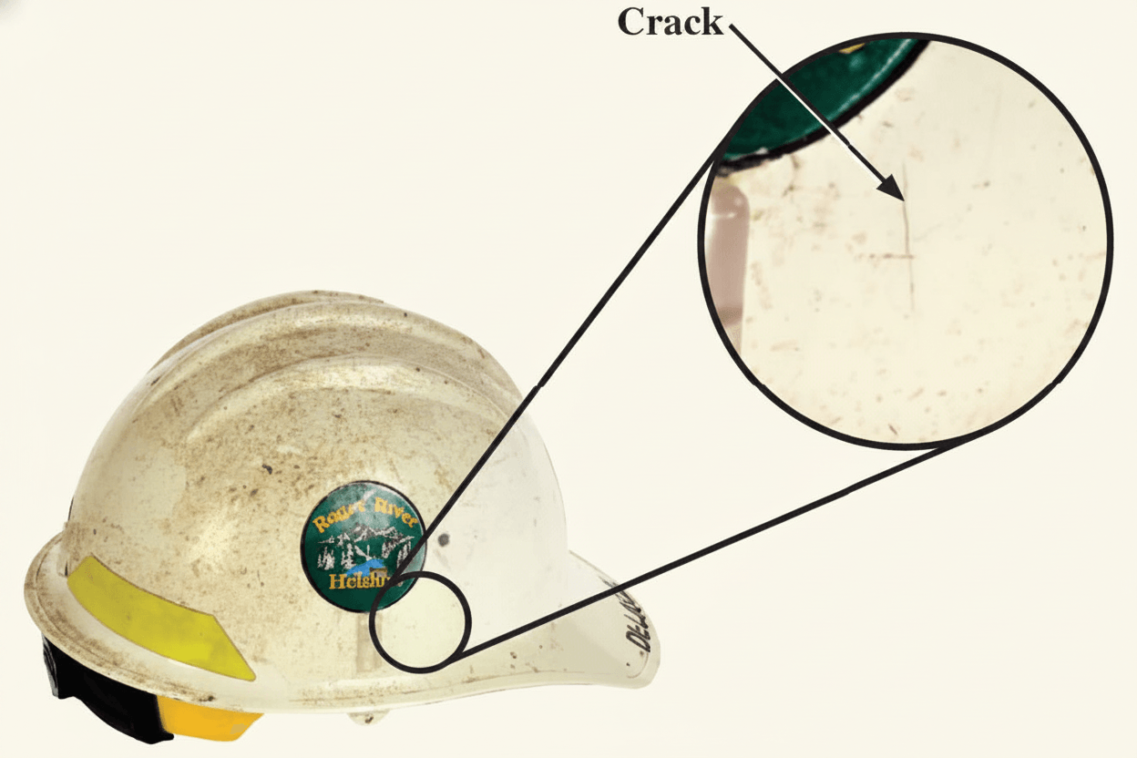 Hard hat with a visible crack across the shell, an example of damaged PPE that should be reported and replaced rather than reused