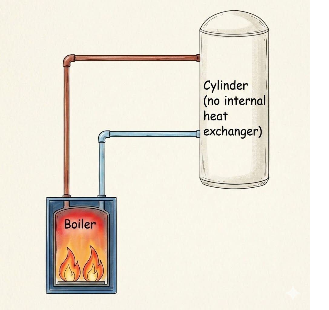 Direct hot water system where the cylinder is heated by an immersion heater or directly by the boiler with no separation between primary and secondary water