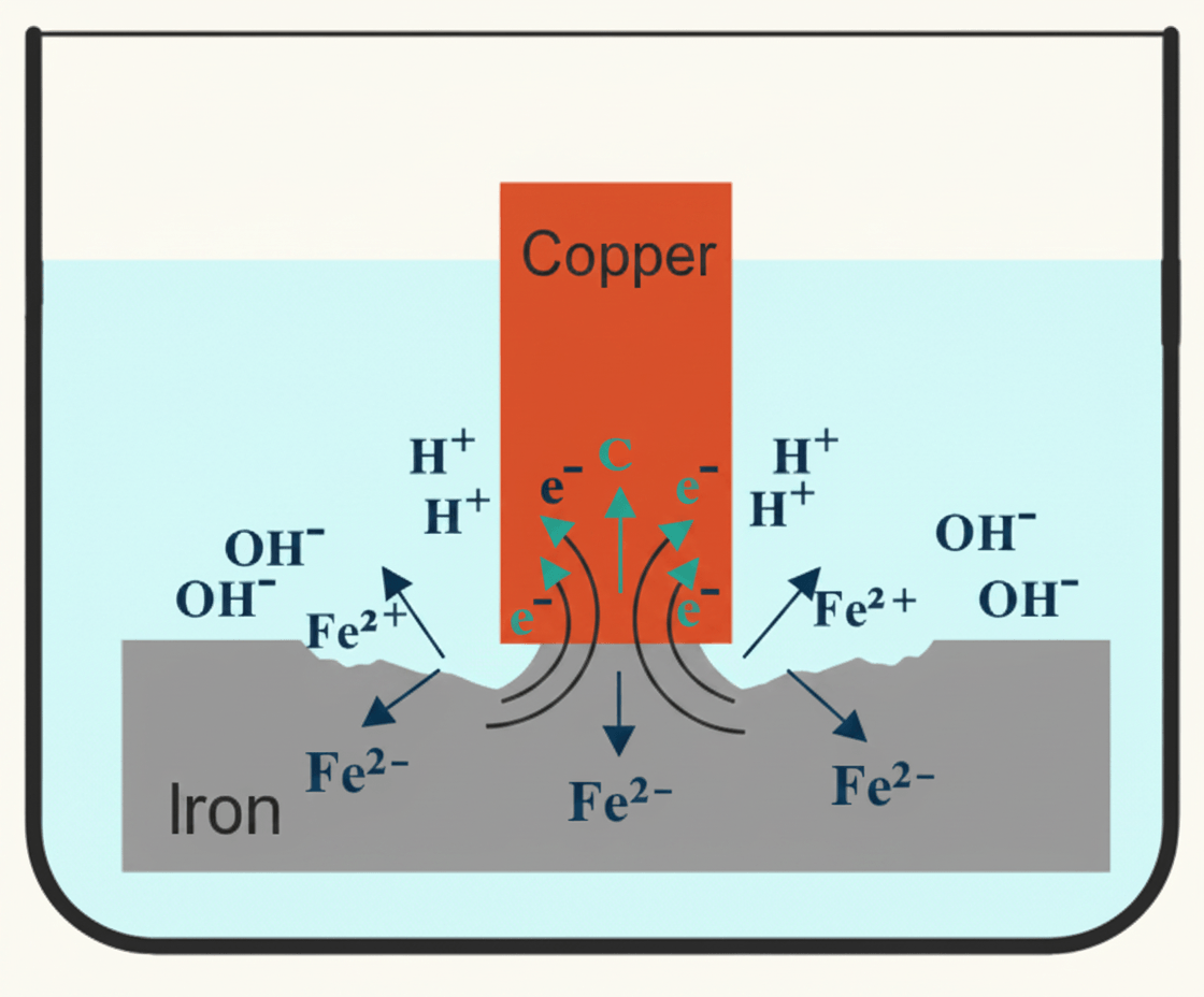 Diagram showing electrolytic corrosion: copper and iron in contact in an electrolyte, with iron releasing electrons and corroding