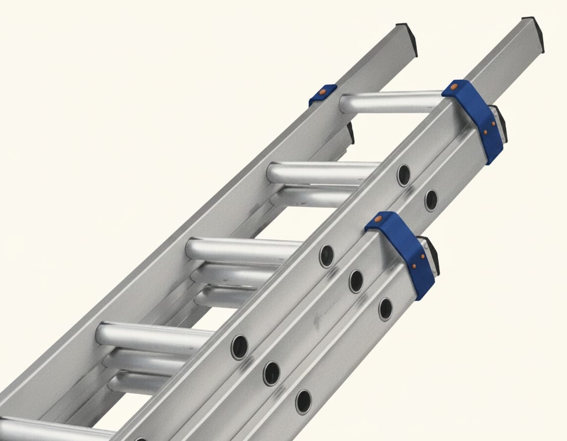 An extension ladder with two sliding sections, used for higher-level access