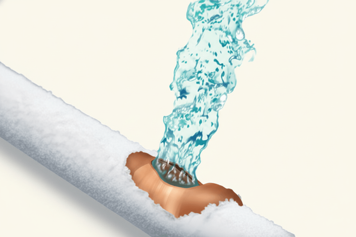Copper pipe split open lengthways with ice and water bursting out, caused by water expanding by 9% when it freezes