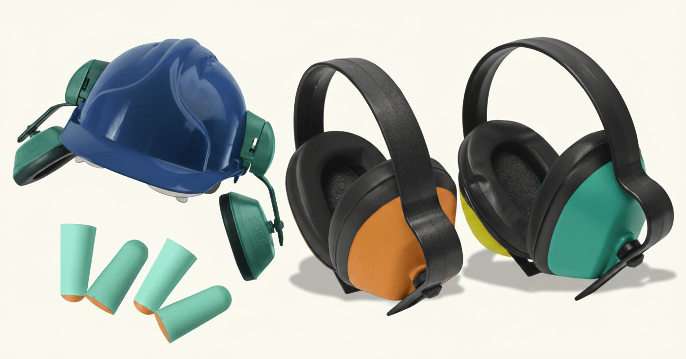 Three types of hearing protection: helmet-mounted ear defenders, foam earplugs and over-the-ear headphone-style defenders