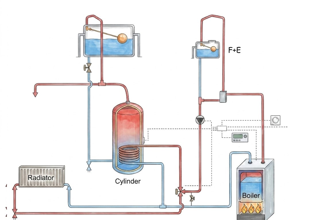 Indirect hot water system schematic with primary and secondary circuits separated by the cylinder coil