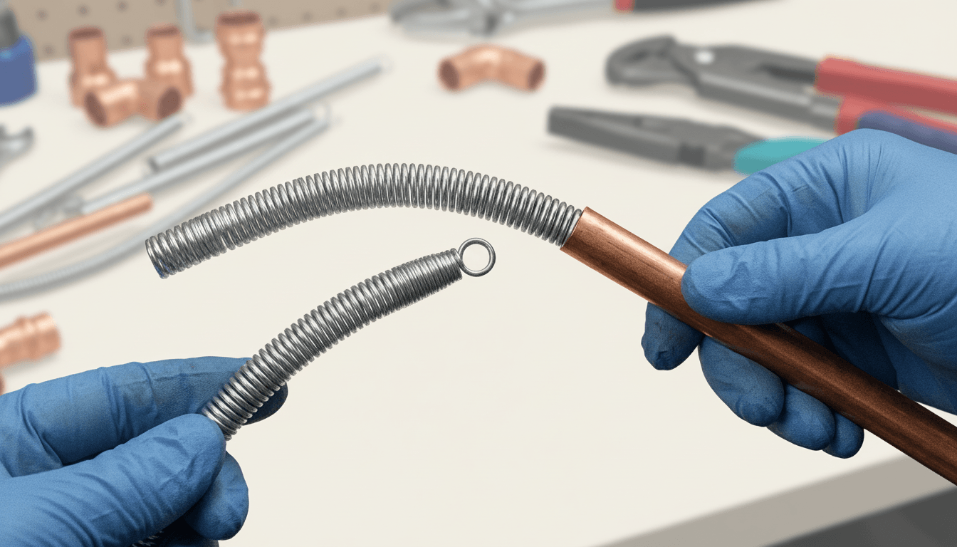 An internal bending spring inserted inside copper pipe to support the wall and prevent collapse during a hand-bend