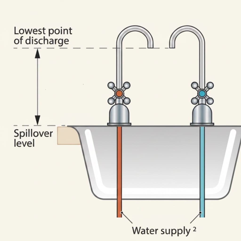 Type AUK3 air gap above a kitchen sink, the gap between the tap outlet and the sink rim required to prevent backflow