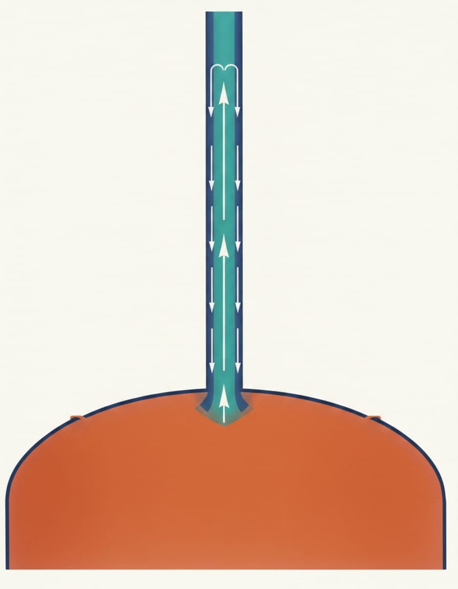 Hot water cylinder diagram showing one-pipe parasitic circulation, where hot water rises up the connection, cools, and falls back continuously — wasting heat from the stored hot water