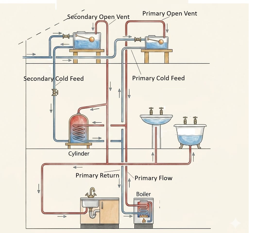 Open vented hot water and central heating system diagram with the minimum pipe sizes and vent rise dimensions labelled