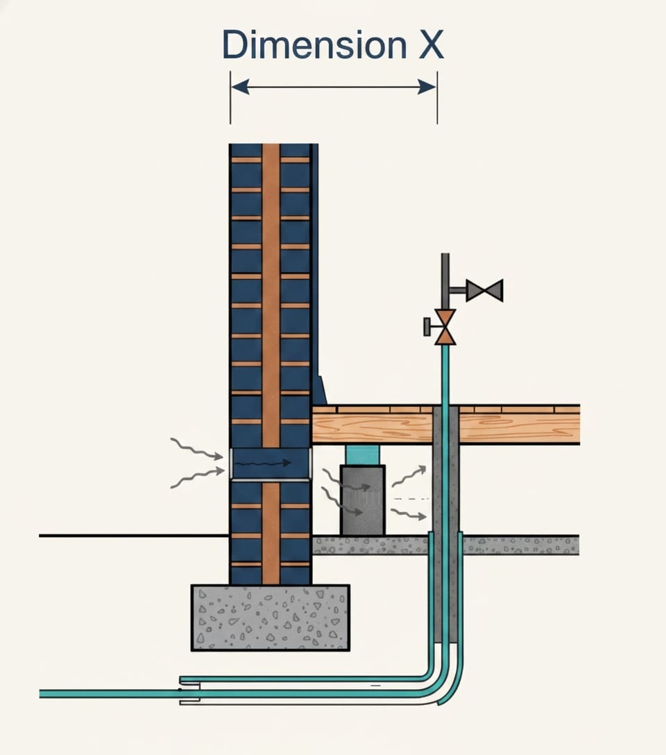 Insulated cold water service pipe entering the property through a suspended floor, showing the duct and insulation arrangement