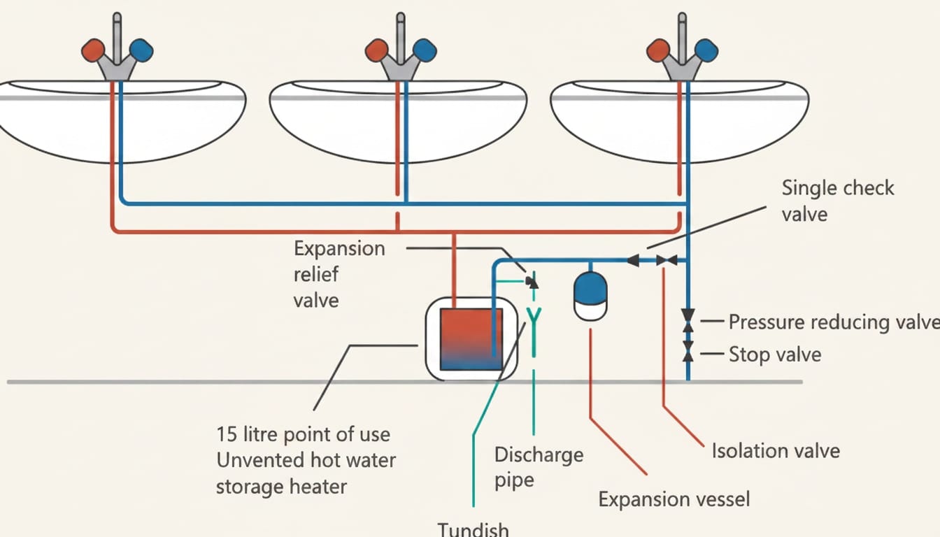 Schematic of a point-of-use unvented hot water storage heater feeding a single outlet, illustrating a smaller-scale unvented installation