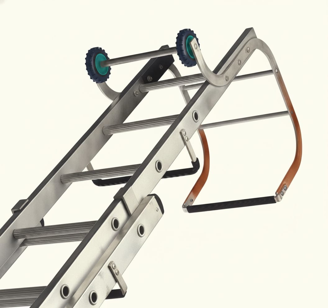 A roof ladder with rollers and a ridge hook used for working safely on pitched roofs