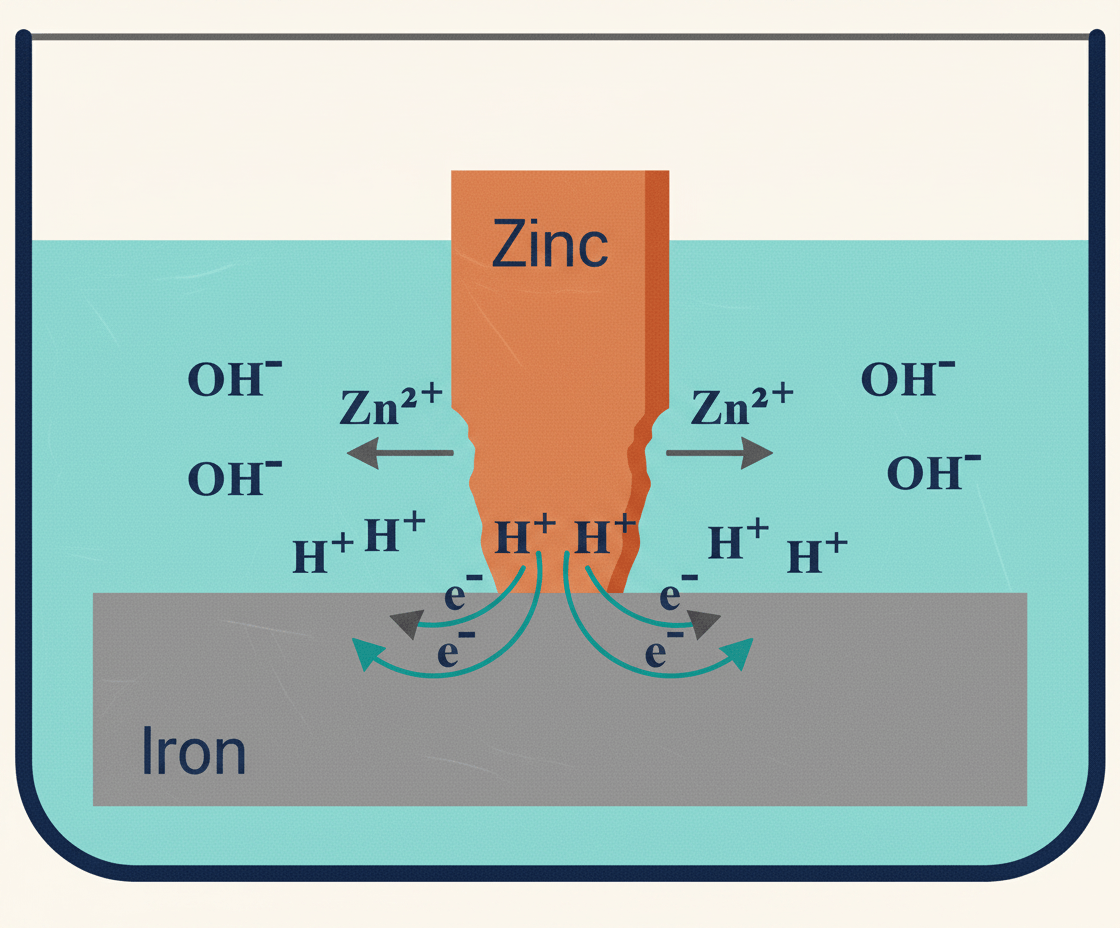 Diagram of a zinc sacrificial anode connected to an iron component, protecting the iron by corroding preferentially in the electrolyte