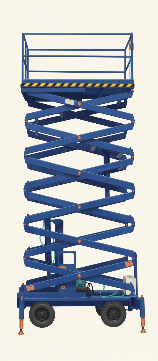 Mobile scissor lift with the platform raised on extending criss-cross supports