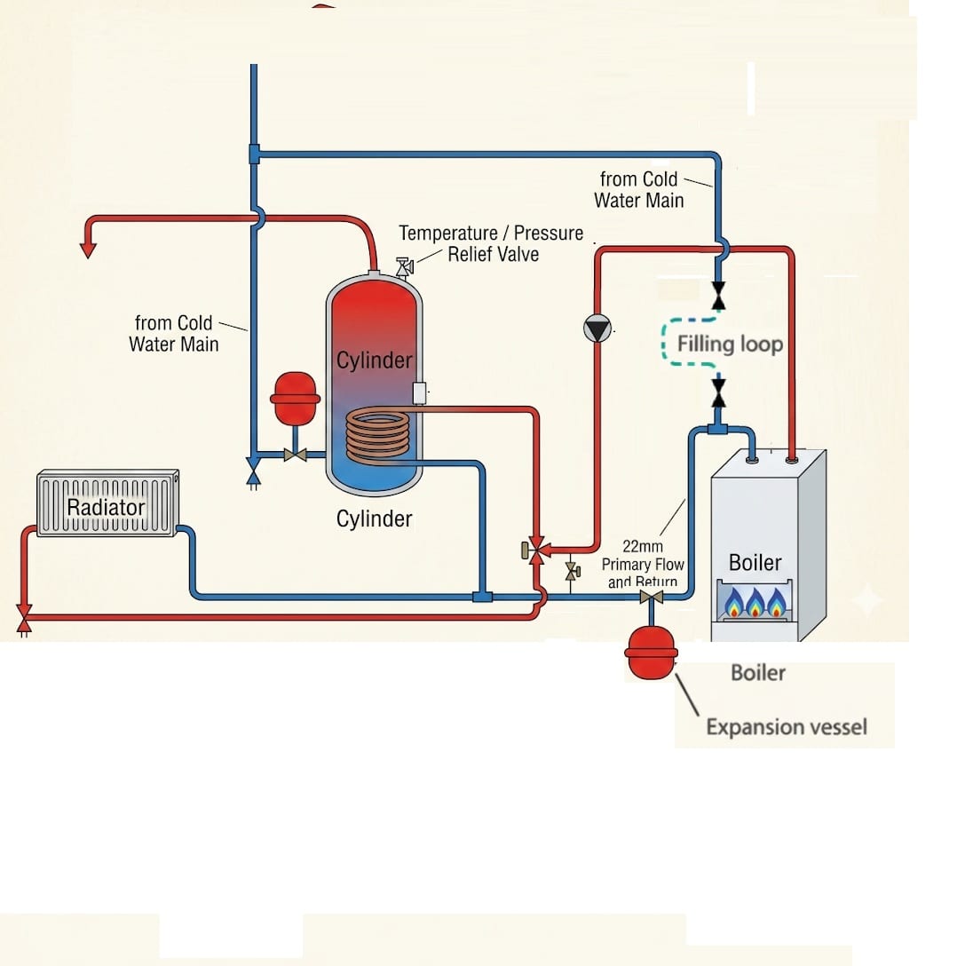 Schematic of a sealed (unvented) hot water and central heating system showing the expansion vessel, pressure relief and balanced cold water supply