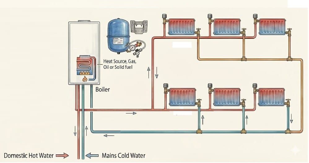 Sealed central heating system diagram showing expansion vessel, pressure relief valve and pressure gauge