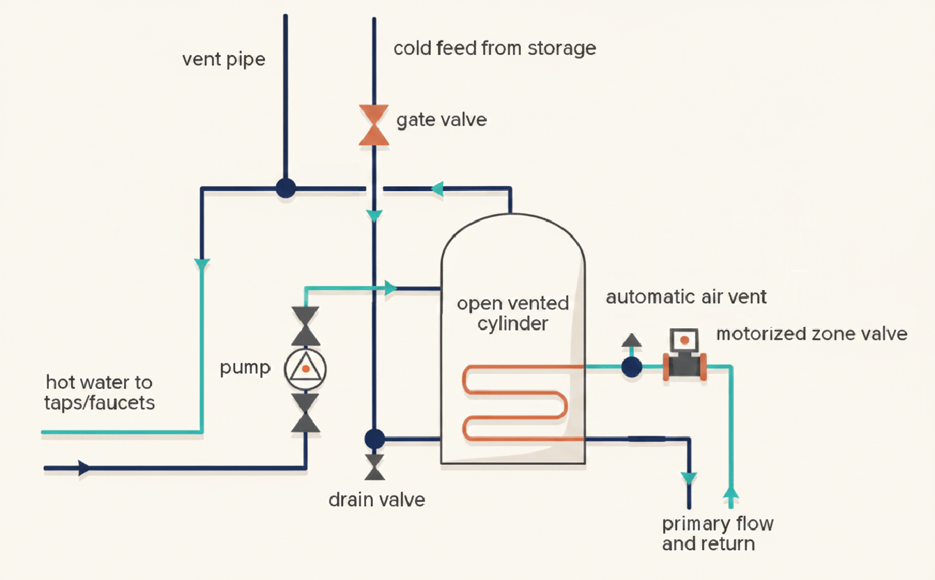 A secondary circulation pump fitted on a return pipe to keep stored hot water moving continuously to remote outlets