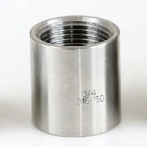 Stainless steel threaded coupling with internal threads at both ends, used in food-grade and corrosion-prone installations