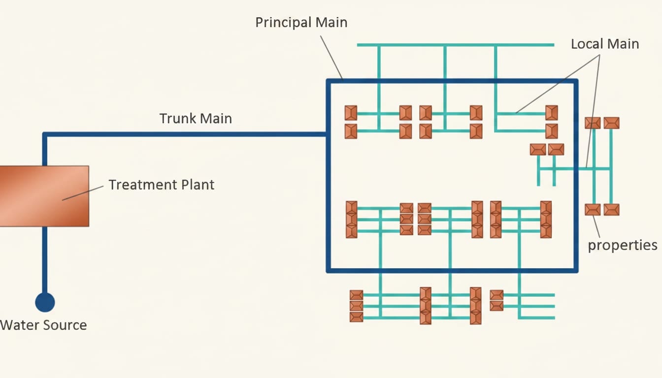Water mains hierarchy from treatment works through trunk mains, secondary mains and communication pipes to each property