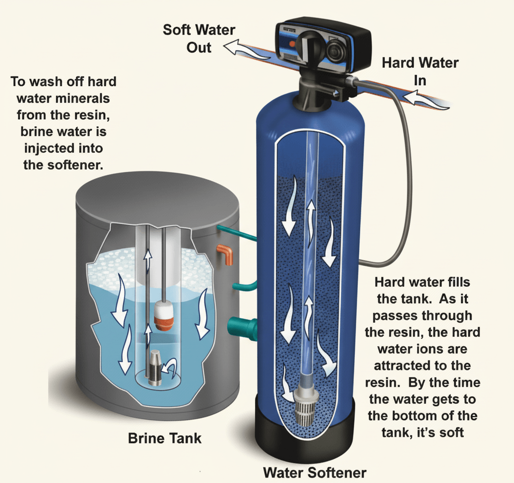 Cutaway diagram of a base-exchange water softener showing the resin bed, brine tank and bypass arrangement